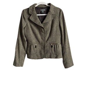 Ann Taylor Women Size 8 Brown Houndstooth Wool Blend Zipper Pockets Lined Blazer